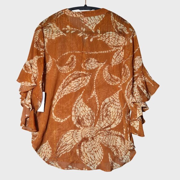 Vince Camuto Pintucked Ruffle Cuff Semi Sheer V-Neck Boho Blouse Orange Medium - Picture 4 of 12